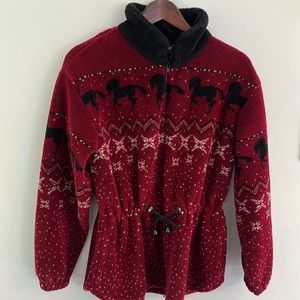 Vintage Drawstring Waist Long Zip up Fleece Jacket Made in USA SZ S Horse Print